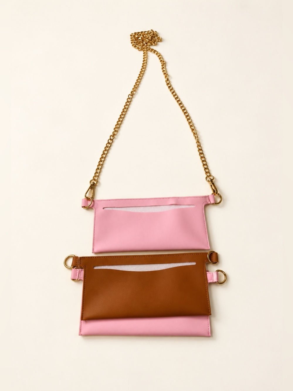 Wallet Insert Set 3 Slip Pockets + 42" Gold Chain Strap Pink Brown